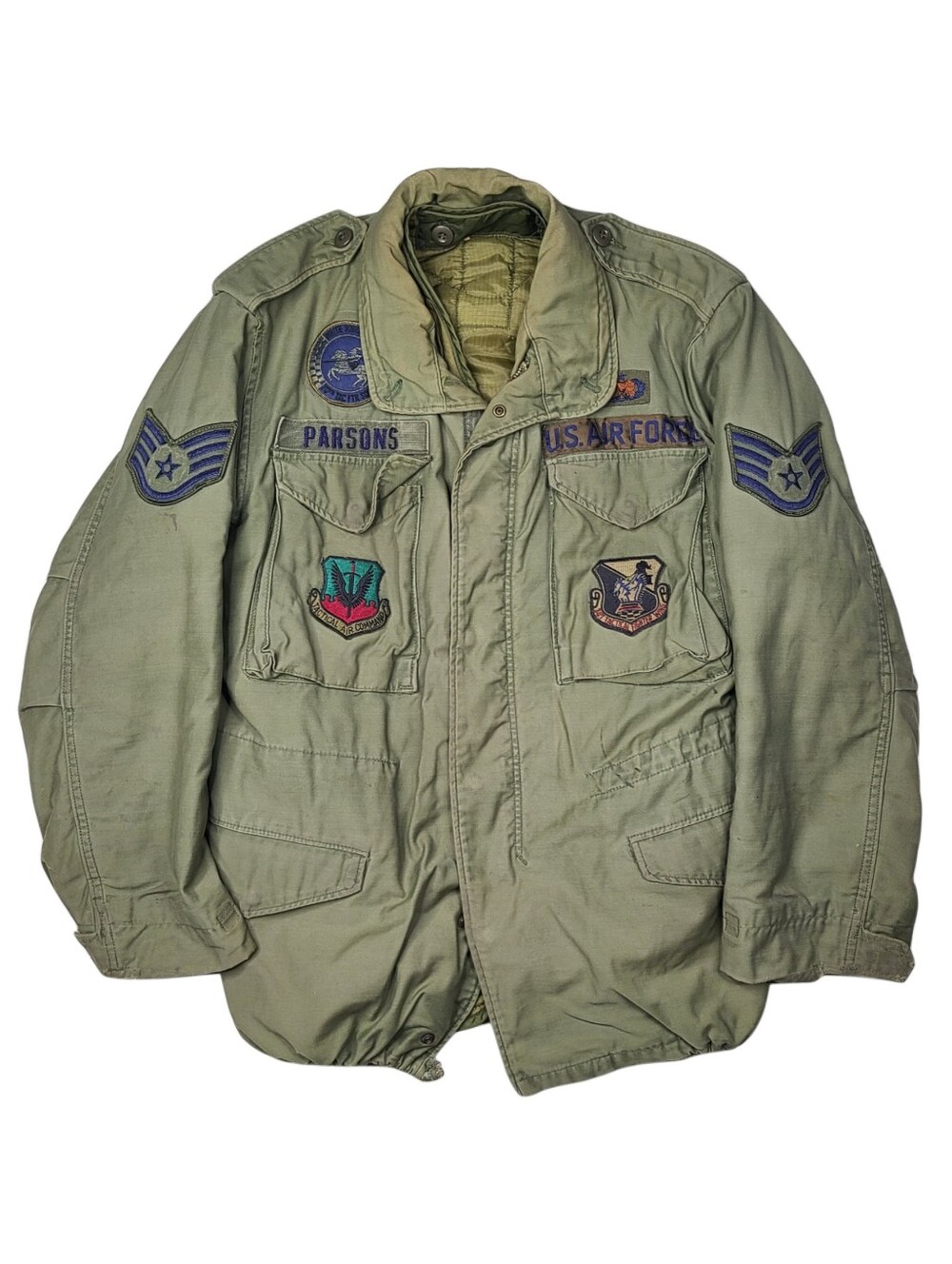 Vintage 70s US Air Force OG-107 M-65 Field Jacket Patched Patches Small Regular
